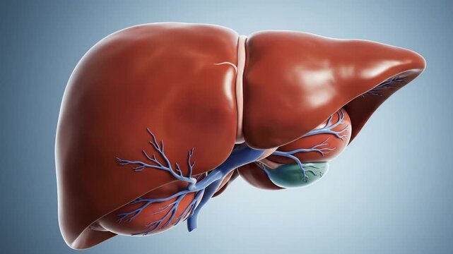 Human liver anatomy with blood vessels and gallbladder on a blue background, used for medical education