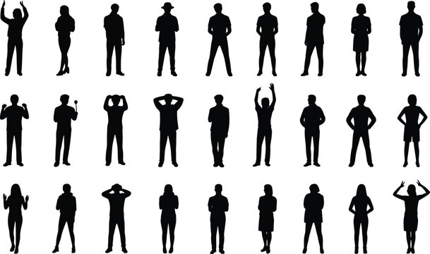 Collection of diverse people silhouettes standing in different poses isolated on white background, human figures, business characters, body language variety