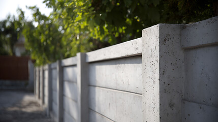 Fototapeta premium Sturdy gray concrete fence with structured panels and posts, set against a blurred background of green foliage and soft natural light