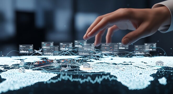 Global logistics network visualization with hand interaction showing data analytics and international trade routes connecting cities and transportation hubs