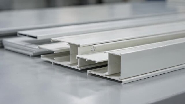 Medium shot of flat PVC profile window frames displayed on a factory table emphasizing their smooth unembellished surfaces ideal for modern window installations.