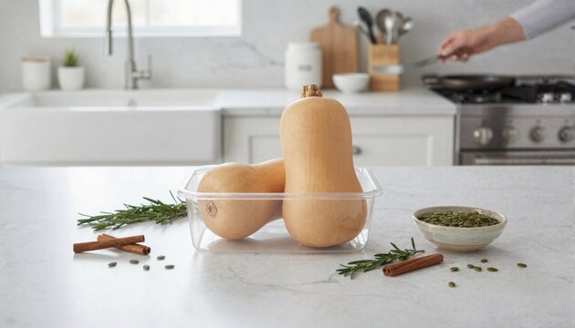 Packaged butternut squash on modern marble kitchen island