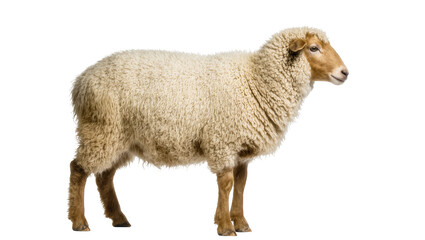 A domestic sheep standing in profile, showcasing its thick wool coat and gentle expression. © Miguel