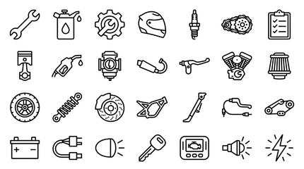 Collection of motorcycle parts and accessories icons for repair and maintenance services and online stores © Iconique Studio