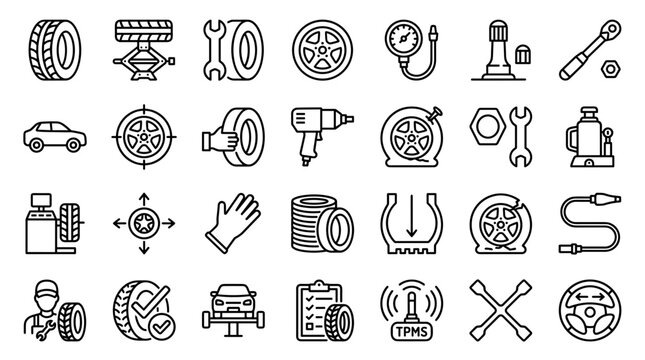 Car Tire Service and Repair Icons Set Vector Illustration Collection of Automotive Maintenance Tools and Equipment