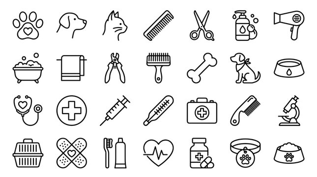 Collection of veterinary and pet care icons representing health, grooming, and medical services for animals like dogs and cats