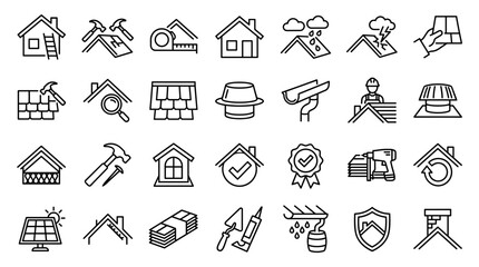 Roofing services icons collection set for construction repair and maintenance business with house building elements and tools © Iconique Studio