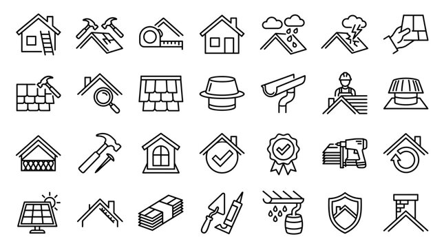 Roofing services icons collection set for construction repair and maintenance business with house building elements and tools