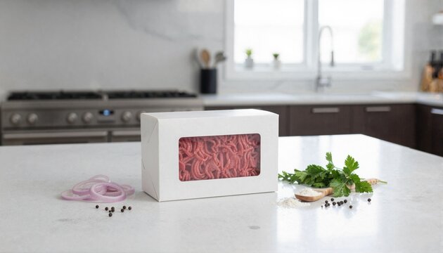 Premium ground beef in package on marble