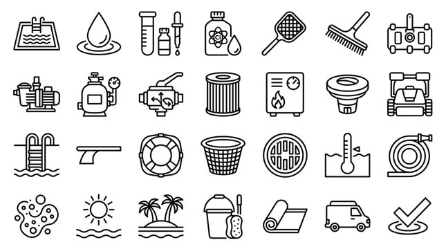 Collection of pool maintenance and cleaning equipment icons representing water care and summer recreation symbols