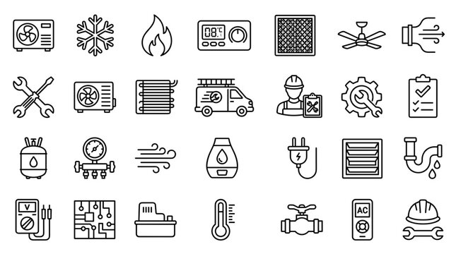 HVAC service icons set for heating ventilation and air conditioning system repair maintenance and installation with tools equipment and symbols