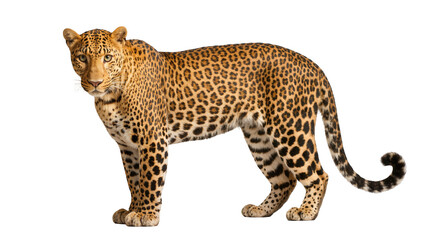 Fototapeta premium Stunning adult leopard standing still and gazing directly towards the viewer, big wild cat