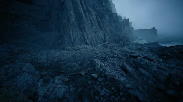 midnight basalt cliff with fog lone photographer traverses wet rock shelf, cinematic blue tones, distant waves crashing, textured geology, cold wind, eerie
