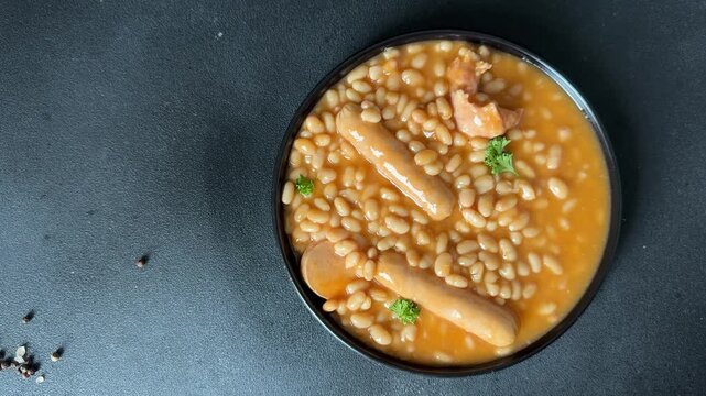 Beans tomato sauce with meat and sausages cassoulet French cuisine tasty snack fresh gourmet food background on the table rustic food top view copy space