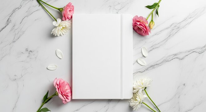 A white book surrounded by pink and white flowers on a marble surface