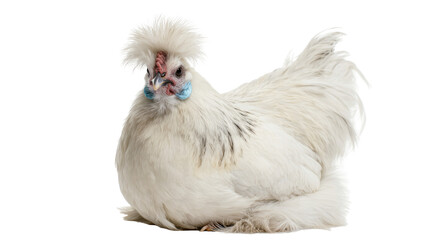 Fluffy white Silkie chicken with blue earlobes sitting comfortably, looking forward © Miguel