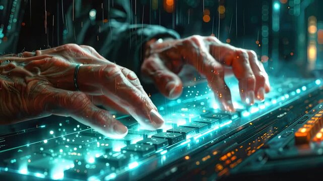 Hands Navigating the Digital World: Close-up shot capturing the intricate interplay between human touch and advanced technology. Aged hands masterfully interact with a glowing keyboard.