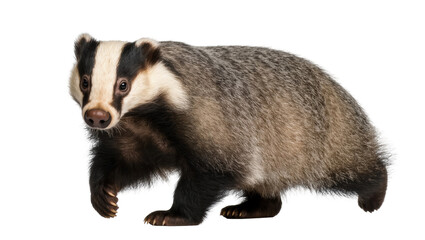 European badger with striped face walks alertly towards camera, wild animal portrait © Carmen