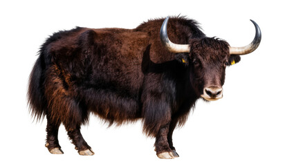 Majestic long-haired brown and black yak with impressive horns standing confidently © Miguel