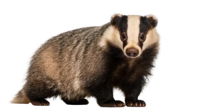 Close-up full body portrait of a European badger standing and looking directly at the camera