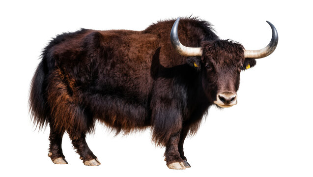 Majestic long-haired brown and black yak with impressive horns standing confidently
