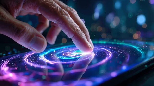 Touch of Innovation: A close-up view of a hand interacting with a digital interface. The scene exudes a sense of futuristic technology and the exploration of innovative digital solutions.