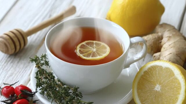 Hot cup of herbal tea with lemon slice, ginger root, and rose hips on a white wooden table, healthy drink and wellness concept.