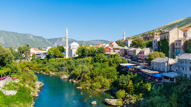 Panoramic view of Mostar Old Town and the Neretva River with Koski Mehmed Pasha Mosque, Bosnia and Herzegovina.