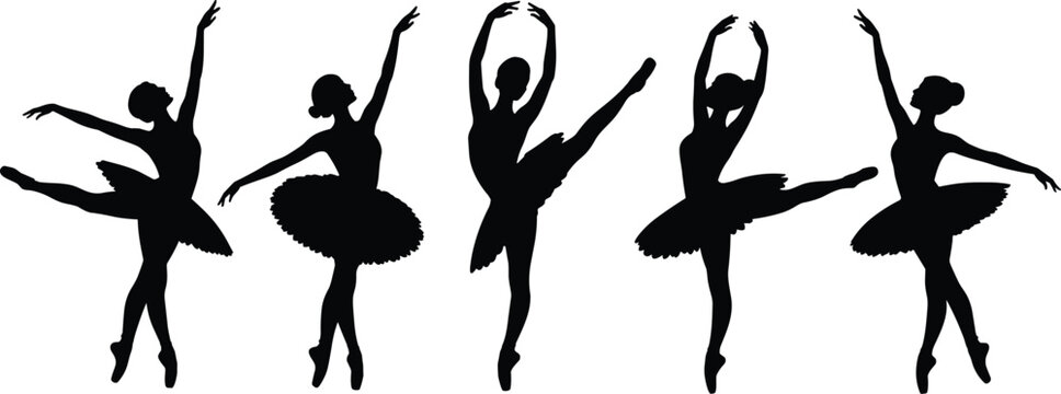 PrintBlack silhouette vector illustration of ballet dancers in classical poses, tutu costumes, elegant performing arts artwork, dance design composition