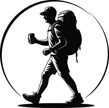 PrintBlack silhouette vector illustration of hiker with backpack walking in circular frame, outdoor adventure artwork, travel nature design composition