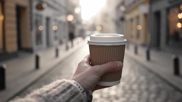 Hand Holding Coffee Cup on Cobblestone Street with Buildings