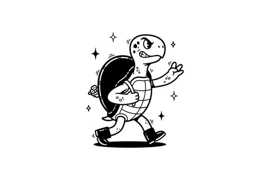 Angry Cartoon Turtle Hiking with Backpack and Boots