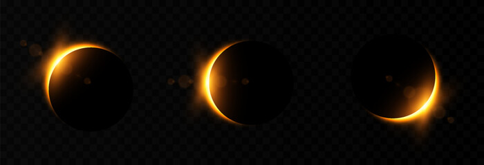 Solar or lunar eclipse with a bright flare and glare. Realistic solar or lunar eclipse PNG. Phases of a solar eclipse. Natural phenomenon. © Vitaliy