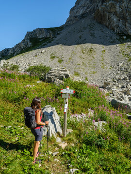 Hiking, travel: Woman with backpack hikes near a trail sign in a mountain landscape with flowers, Volaia lake, Italian-Austrian border, Friuli Venezia Giulia.