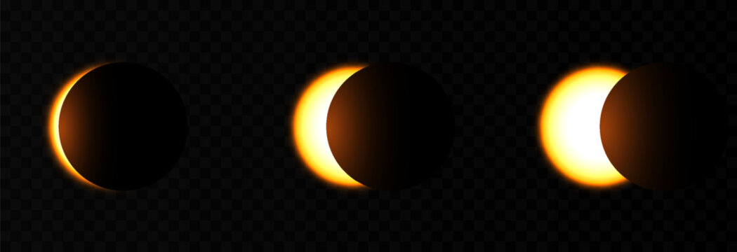 Solar or lunar eclipse with bright flare. Realistic solar or lunar eclipse PNG. Phases of a solar eclipse. Natural phenomenon.