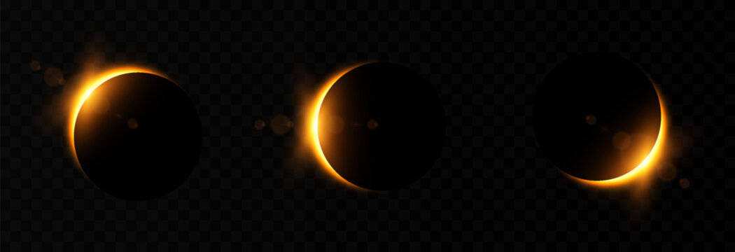 Solar or lunar eclipse with a bright flare and glare. Realistic solar or lunar eclipse PNG. Phases of a solar eclipse. Natural phenomenon.
