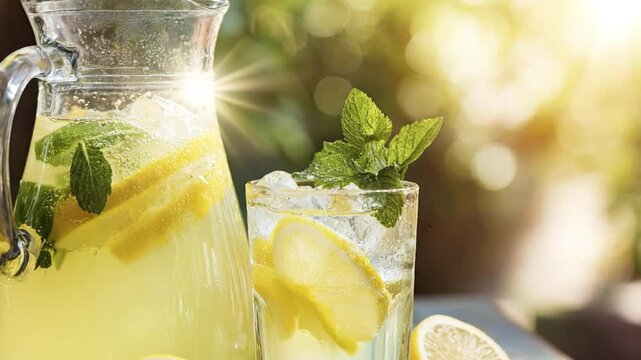 Refreshing pitcher and glass of homemade lemonade with lemon slices and mint leaves on wooden table outdoors in summer sunlight, healthy citrus drink.