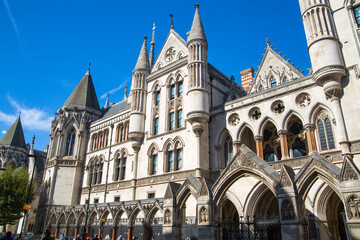 London, The Royal Courts of Justice view, Neo-gothic English architecture 19th century. 