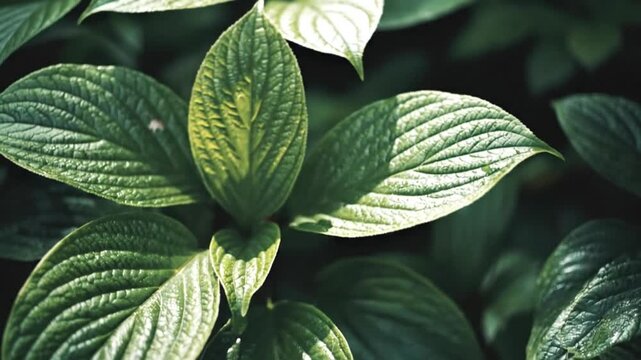 Top-down view of lush green plant leaves with detailed vein textures, moody cinematic foliage background for nature and environment concepts.