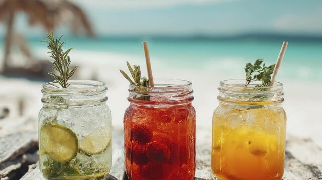 Three refreshing colorful summer cocktails in mason jars on a rustic wooden table at a tropical beach with turquoise water in background.