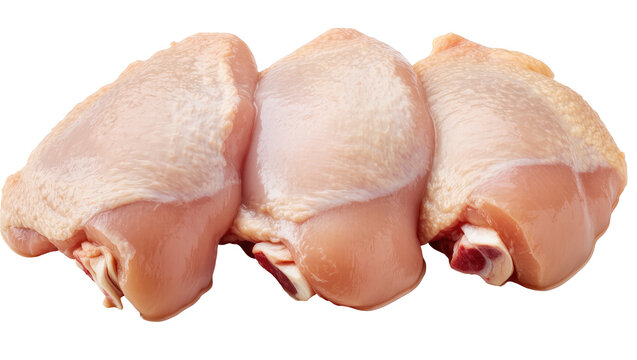 Three fresh raw chicken thighs with skin and bone, ideal for cooking delicious healthy meals