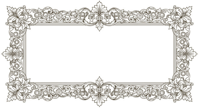 An intricate, ornate rectangular frame with detailed scrollwork and acanthus leaves is centered on a plain white background.