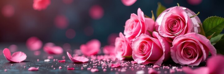 Fototapeta premium Pink roses, disco ball, glitter, confetti, party supplies, pink, roses, design