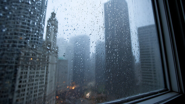 A moody urban landscape seen through a rain-streaked window, offering a gloomy yet captivating view of city buildings and streetlights below