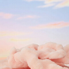 Fototapeta premium Soft Pink Faux Fur Texture with Dreamy Pastel Sky Background, Ethereal Plush Fabric for Beauty Branding and Feminine Aesthetic Design, Premium High Quality Stock Asset