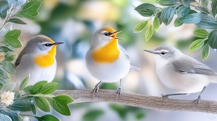 Fototapeta premium Three small songbirds with yellow chests perched on a branch, one singing, surrounded by greenery.