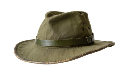 Worn olive green canvas safari hat with leather band and ventilation eyelets © Antonio