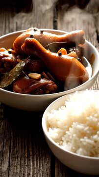 Steaming Filipino chicken adobo with white rice on rustic wood