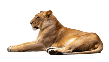 Full body profile of a powerful lioness lying down, exuding a sense of calm strength © Antonio