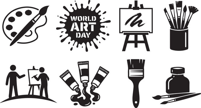 Black and white World Art Day icon set with palette brush easel paint tools vector illustration for creative celebration design